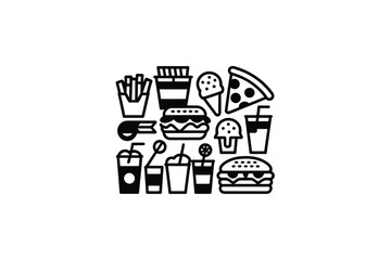 A collection of fast food icons in black and white illustration style