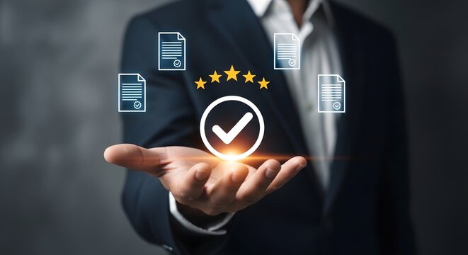 Businessman presenting a glowing checkmark with five star rating