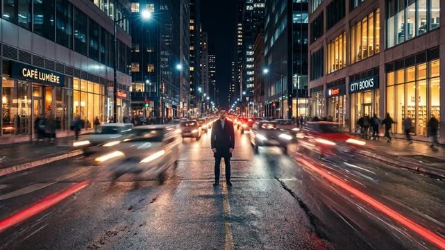 Businessman standing on busy road with fast moving car lights
