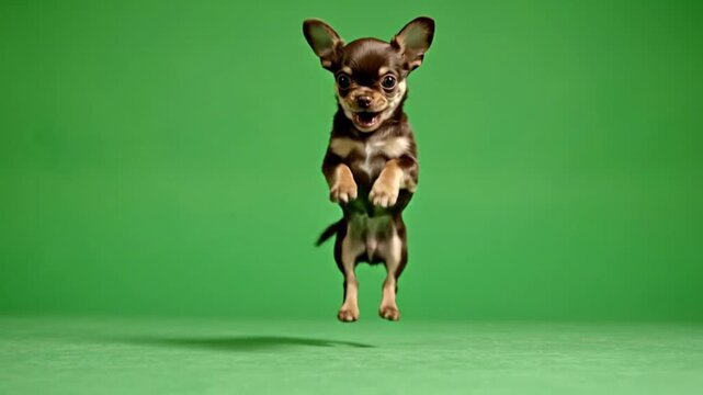 A small brown and black chihuahua dog jumping high in the air against a vibrant green screen background.