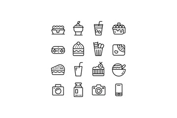 Food icon set with various delicious meals and drinks illustrations
