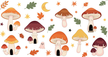 Cute Autumn Mushrooms Collection with Fantasy Toadstools, Falling Leaves and Moon Flat Vector Illustration Set