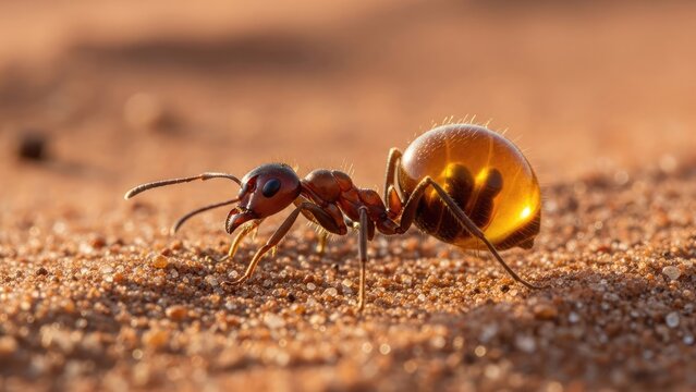 Close-up of a desert ant with a glistening, honey-filled abdomen on sandy ground