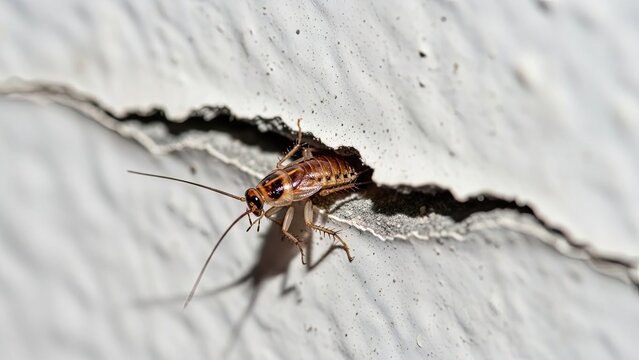 Cockroach emerging from crack in white wall, macro shot