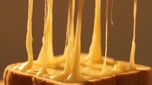 Satisfying Close-up of Molten Cheese Drizzling Onto a Piece of Toast