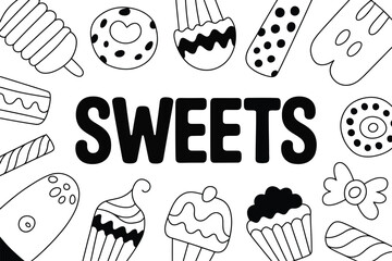 Sweets illustration with various desserts and candies on white background