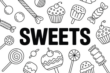 Sweets illustration with various candies and cupcakes on white background