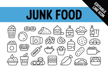 Junk food editable line icon set for unhealthy eating illustration