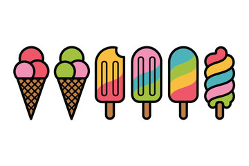 Ice cream colorful illustration with cones and popsicles on pink background