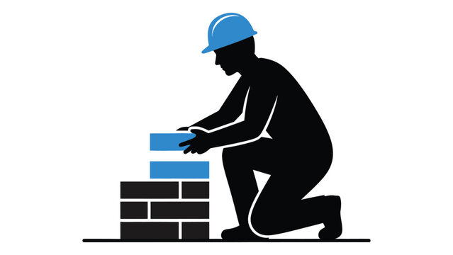 A person wearing a hard hat is laying bricks isolated on white background, Vector
