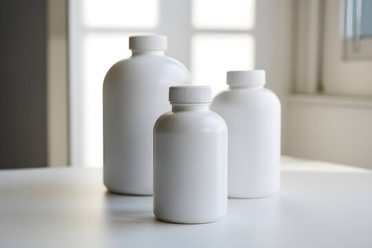 white plastic supplement bottles mockup, blank medicine jar, three pharmaceutical containers, healthcare vitamins packaging, empty chemical bottle, nutraceutical pills canister, matte plastic 3d.