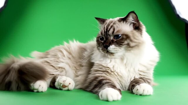 A beautiful fluffy Ragdoll cat with striking blue eyes resting comfortably on a vibrant green studio background.