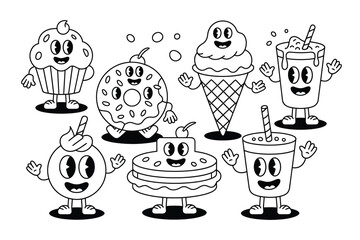 A cartoon dessert icon set with smiling characters and various treats