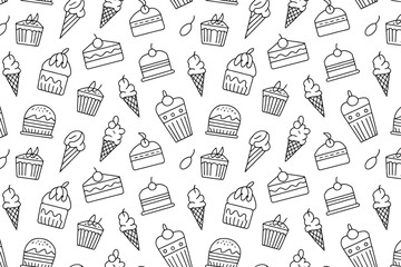 A cake seamless pattern of black line drawings on white background