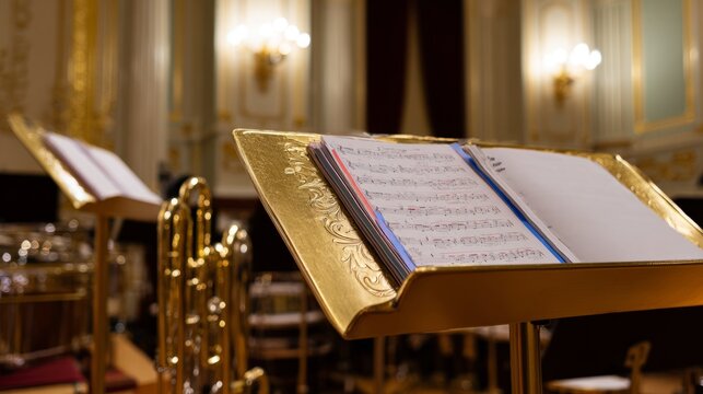 conductor. Empty conductor's podium in golden concert hall, music stands awaiting musicians. event programs, museum guides, designed for cultural heritage projects and event programs, used by chefs.
