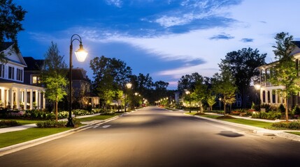 Fototapeta premium developed. Empty new neighborhood at dusk, street lights on in quiet isolation. lifestyle magazines, social media lookbooks, designed for influencer and brand collaborations, used by food bloggers. 