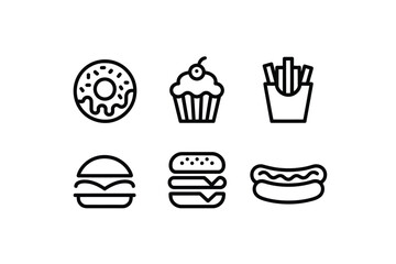 Food icon set including donut, cupcake, fries, hamburger, sandwich, and hot dog