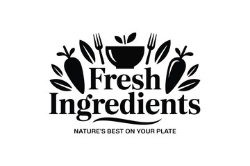 Fresh ingredients logo with natural food and kitchen utensils illustration