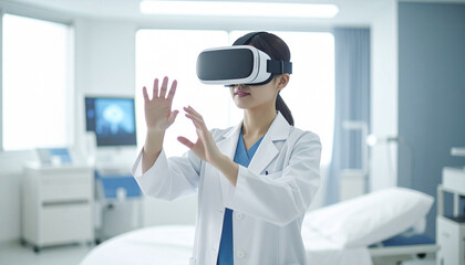 病院でVRゴーグルを装着して手術のシミュレーションを行う若い女性医師  医療DX・トレーニング