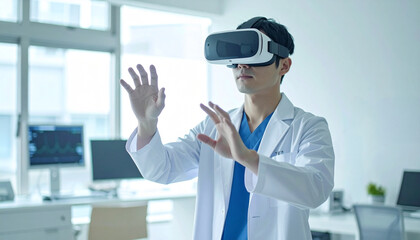 病院でVRゴーグルを装着して手術のシミュレーションを行う若い男性医師  医療DX・トレーニング