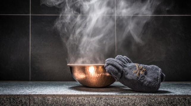 hammam. A polished copper bowl and traditional massage glove arranged on a stone ledge in a steam room. lifestyle magazines.
