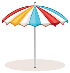 Fototapeta premium Colorful beach umbrella providing shade with striped panels and bright accents on a sandy surface