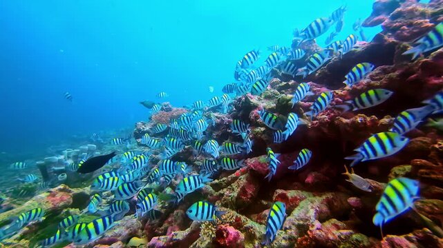Diagonal underwater reef scene with tropical sergeant major fish swimming across vibrant coral. Clear blue ocean background with natural copy space for design, banner or social media use.