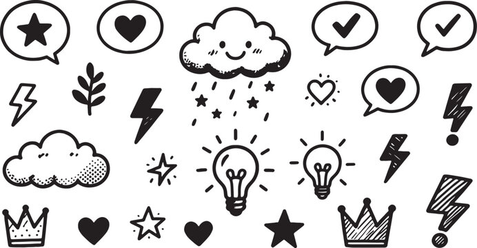 Playful Doodle Pattern Featuring Clouds, Stars, Hearts, and Lightening Bolts for Creative Projects or Fun Illustrations.
