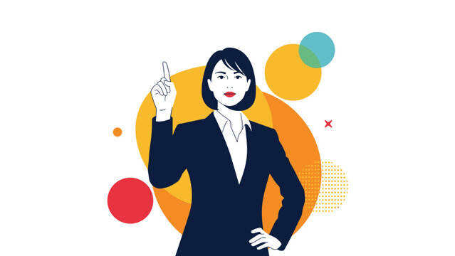 A confident businesswoman in a suit points her finger upwards, signaling a new idea or solution, set against a modern background with colorful abstract circles.