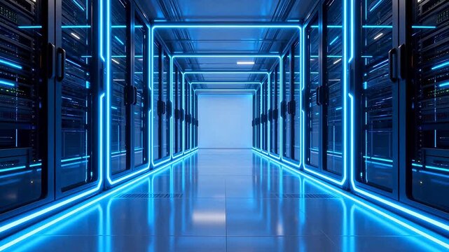 Server room corridor with blue neon lights