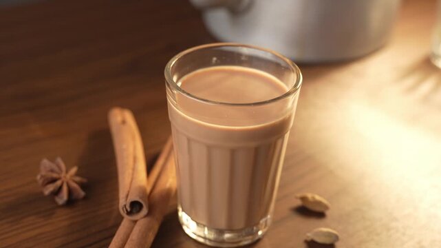 Indian chai served in glass cups, brewed in a metal kettle with aromatic masalas.