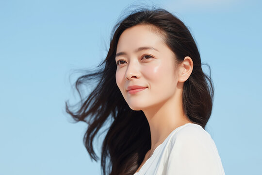 日本人, 女性, ビューティー, スキンケア, 美肌, 透明感, 40代, 青空, 自然光, 爽やか, 笑顔, ポートレート, ナチュラル, 清潔感, 化粧品, コスメ, 健康的, 白, キャミソール, 美白, 輝き, ライフスタイル, ミニマル, 広告素材, コピースペース, 清楚, 屋外, 夏, 1人, モデル, 黒髪, ロングヘア, 美しい, 基礎化粧品, 洗顔, 保湿, エステ, 美容液,