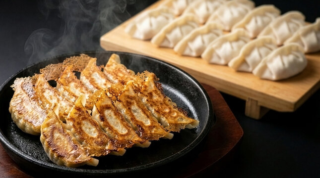 Sizzling Japanese Gyoza Dumplings on Cast Iron Skillet - Crispy Pan-Fried Potstickers with Hane Wings