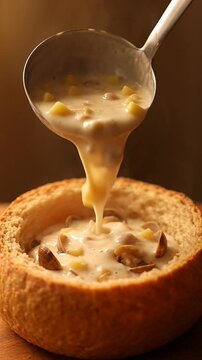 Creamy soup generously ladled into rustic bread bowl. An appetizing savory meal, rich texture with golden corn and savory mushrooms, offers comforting, deeply satisfying culinary experience