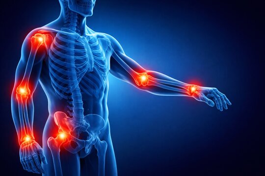 A detailed medical illustration highlighting inflamed joints in the human body, representing arthritis, chronic pain, musculoskeletal disorders, and orthopedic health awareness.