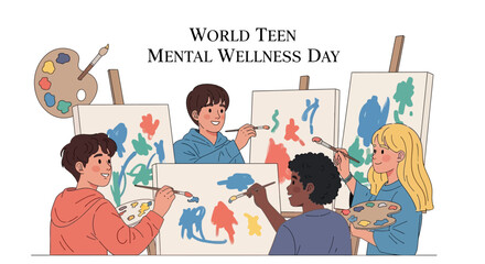 Teens of different ethnicities engage in creative mental wellness activities on World Teen Mental Wellness Day with paint and canvas.