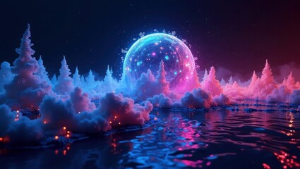 Obraz premium Glowing orb over surreal pink and blue forest landscape fantasy cosmic