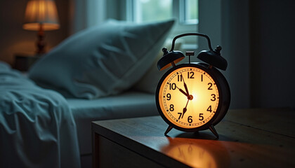 Naklejka premium Classic Analog Alarm Clock Glowing Warmly on a Nightstand Beside a Bed — Symbol of Rest, Time Awareness & the Quiet Ritual of Sleep Hygiene