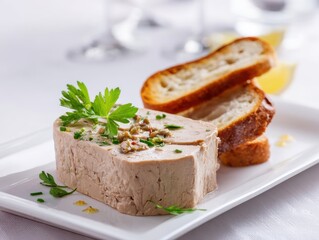 Gourmet Pt With Toasted Baguette Slices Garnished With Fresh Parsley And Chives On White Plate Studio Shot