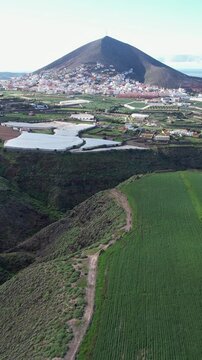 Aerial views over banana plantations on the island of Gran Canaria, Galdar, Canary Islands.