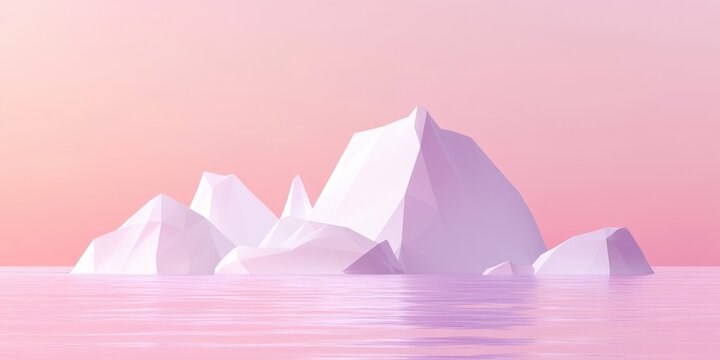 Ilustra&ccedil;&atilde;o 3D de icebergs geom&eacute;tricos minimalistas flutuando em &aacute;guas tranquilas sob um gradiente de c&eacute;u rosa e lil&aacute;s ao p&ocirc;r do sol.