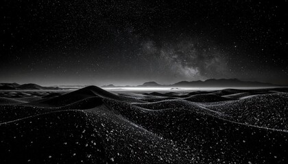 Dramatische Wüstenlandschaft unter einem Sternenhimmel mit Milchstraße, nächtliche Aufnahme