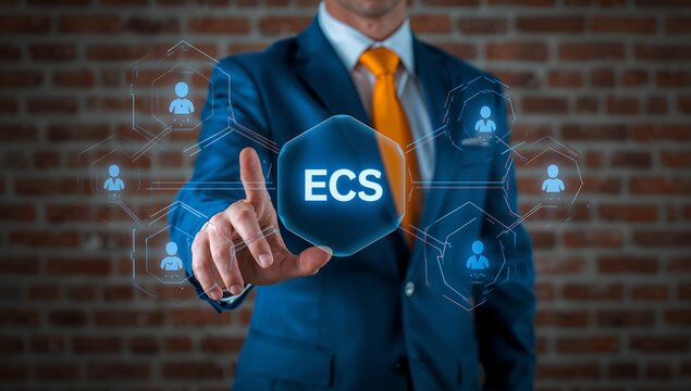 Professional interacting with digital ECS interface for automated electronic clearing services and banking transaction management