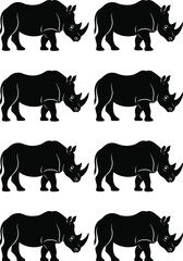 Black rhinoceros silhouette set featuring multiple rhino vector icons isolated on white background, wildlife animal clipart collection for logo, print, and design use © MstLata
