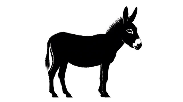 A stark silhouette of a donkey standing in profile