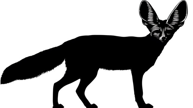 A silhouette of a Fennec fox with distinctive large ears, captured against a clean background. The fox is depicted in a side profile, showcasing its sleek form and unique features.