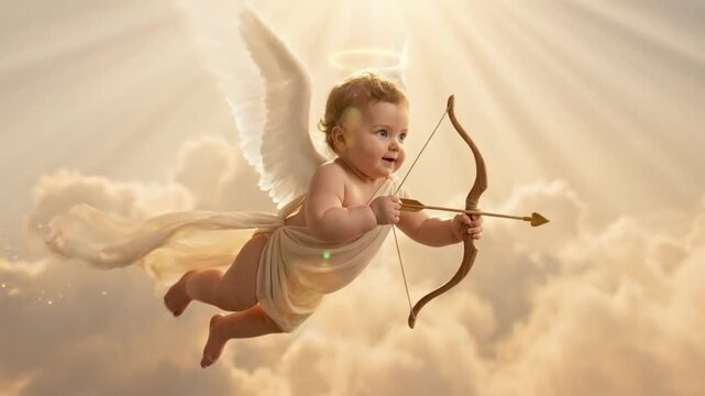 Cute baby cupid angel flying in golden clouds holding bow and arrow in heaven