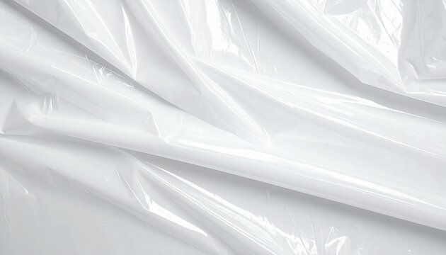 Textura de pl&aacute;stico blanco arrugado con reflejos brillantes y pliegues profundos, ideal para fondos industriales o de embalaje minimalista.