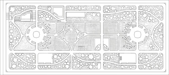 Detailed Architectural Blueprint Featuring Various Landscape Designs and Structures from an Overhead Perspective