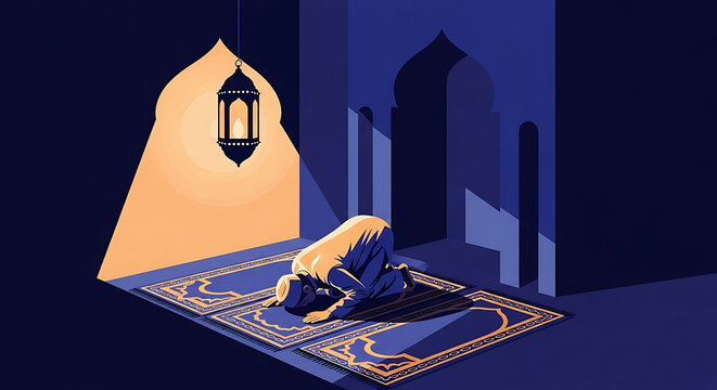 a muslim man performing salah in sujud on a prayer mat in a dimly lit mosque under a glowing lantern symbolizing ramadan devotion and islam.